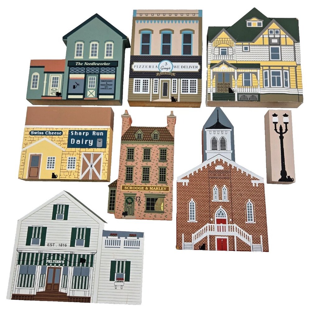 The Cat's Meow Village Vintage Lot 90’s Wooden House Town Buildings 8 Pieces